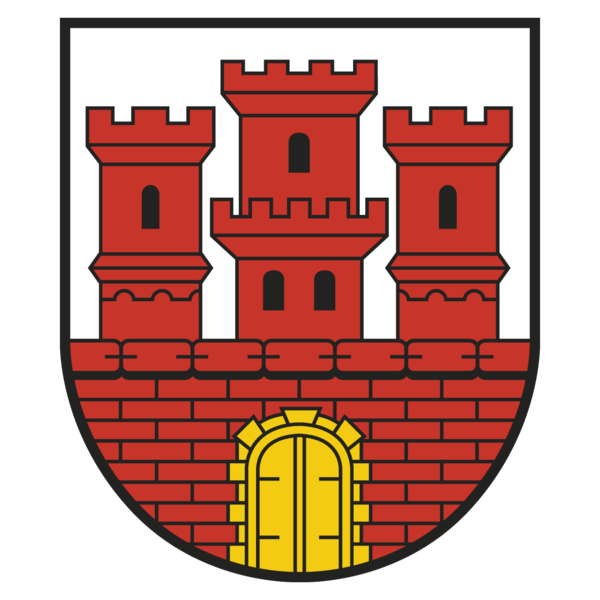 Das Wappen der Stadt Steinheim besteht aus einer roten Statdmauer mit Zinnen und einem gelben Tor. Weiterhin sind drei rote Wehrtürme abgebildet, wobei der mittlere größer als die beiden äußeren Türme ist. Die kleineren Türme haben ein Fenster, der größere Turm drei Fenster.