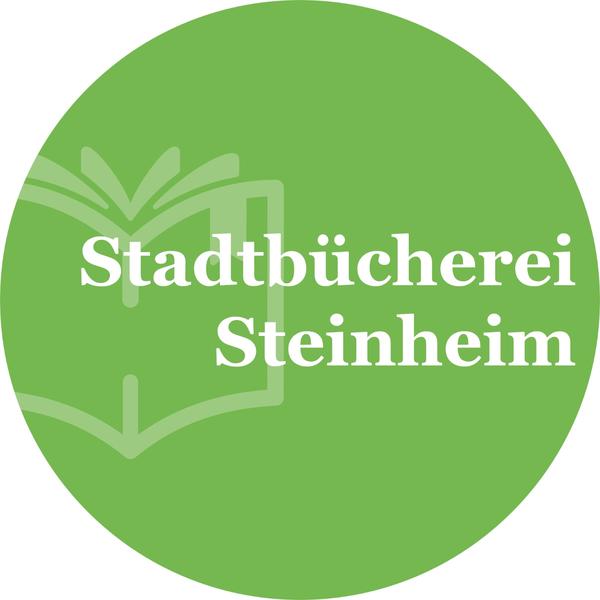 Das Logo der Stadtbücherei Steinheim ist kreisrund und enthält neben dem Schriftzug auch als Icon ein aufgeblättertes Buch. Die Grundfarbe ist grün mit weißer Schrift.